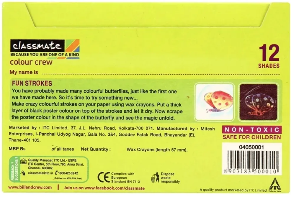 Classmate Colour Crew Wax Crayons, 12 Shades 10 Units Pack,